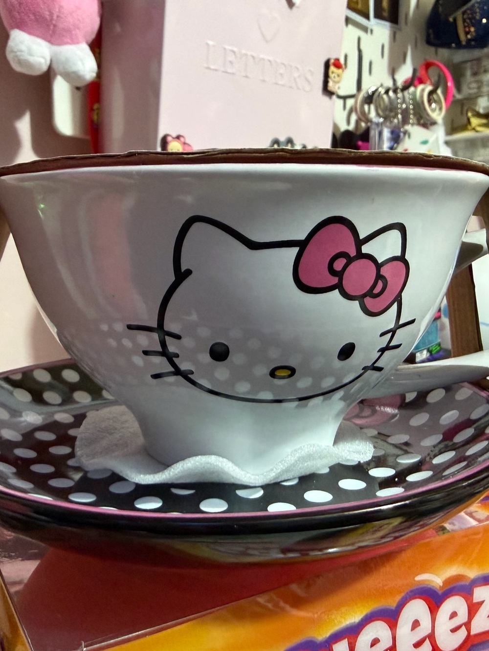 Hello Kitty White Teacup with Pink Bow and Polka Dot Saucer